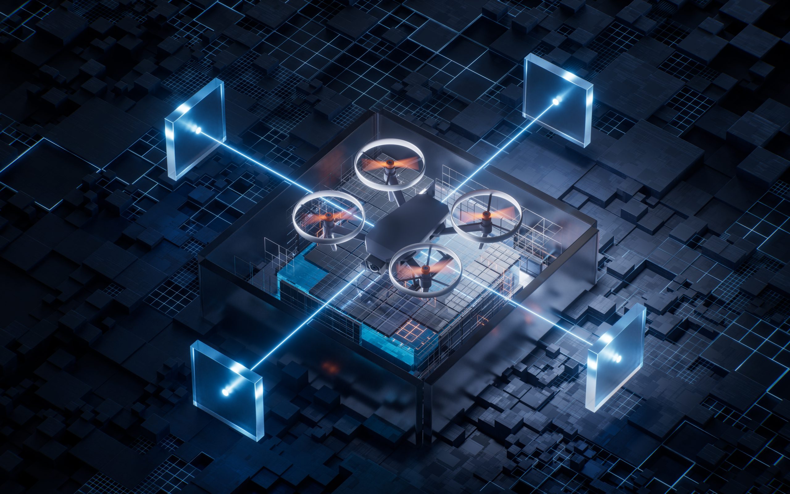 Drone with technological circuit background, 3d rendering.